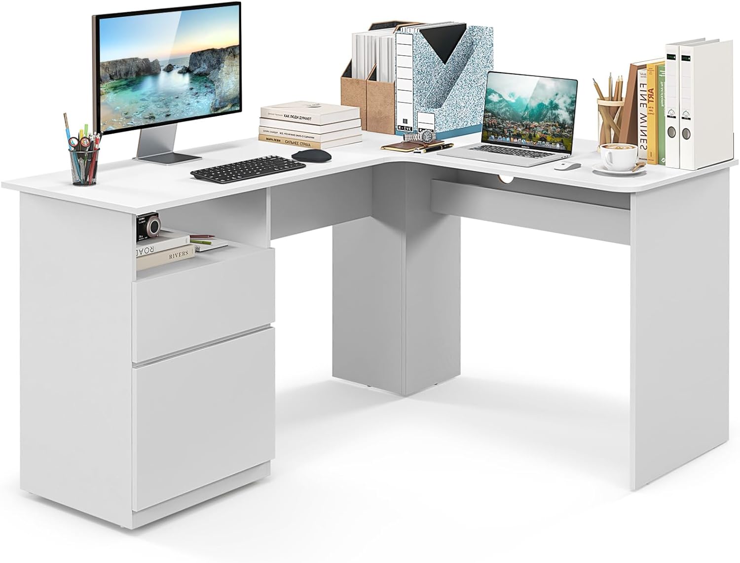 Shaped Desk with 2 Storage Drawers, 59” Corner Computer Desk with File Drawer & Open Shelf