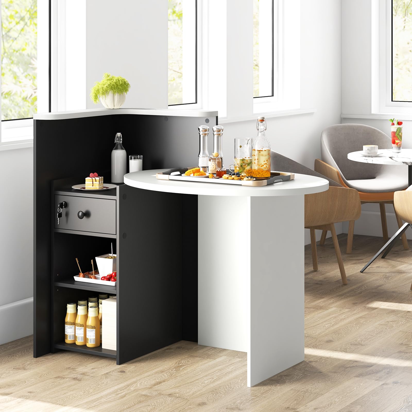 Reception Desk, Front Counter Desk with Lockable Drawer & Adjustable Shelf