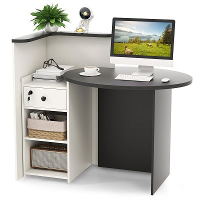 Reception Desk, Front Counter Desk with Lockable Drawer & Adjustable Shelf