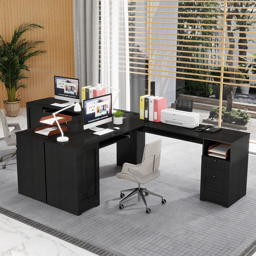 Shaped Desk, 66" x 66" Corner Computer Desk with Drawers and Storage Cabinet