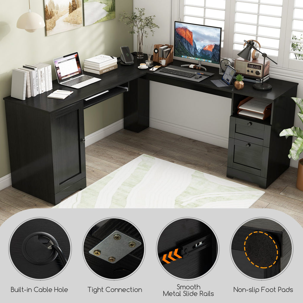 Shaped Desk, 66" x 66" Corner Computer Desk with Drawers and Storage Cabinet