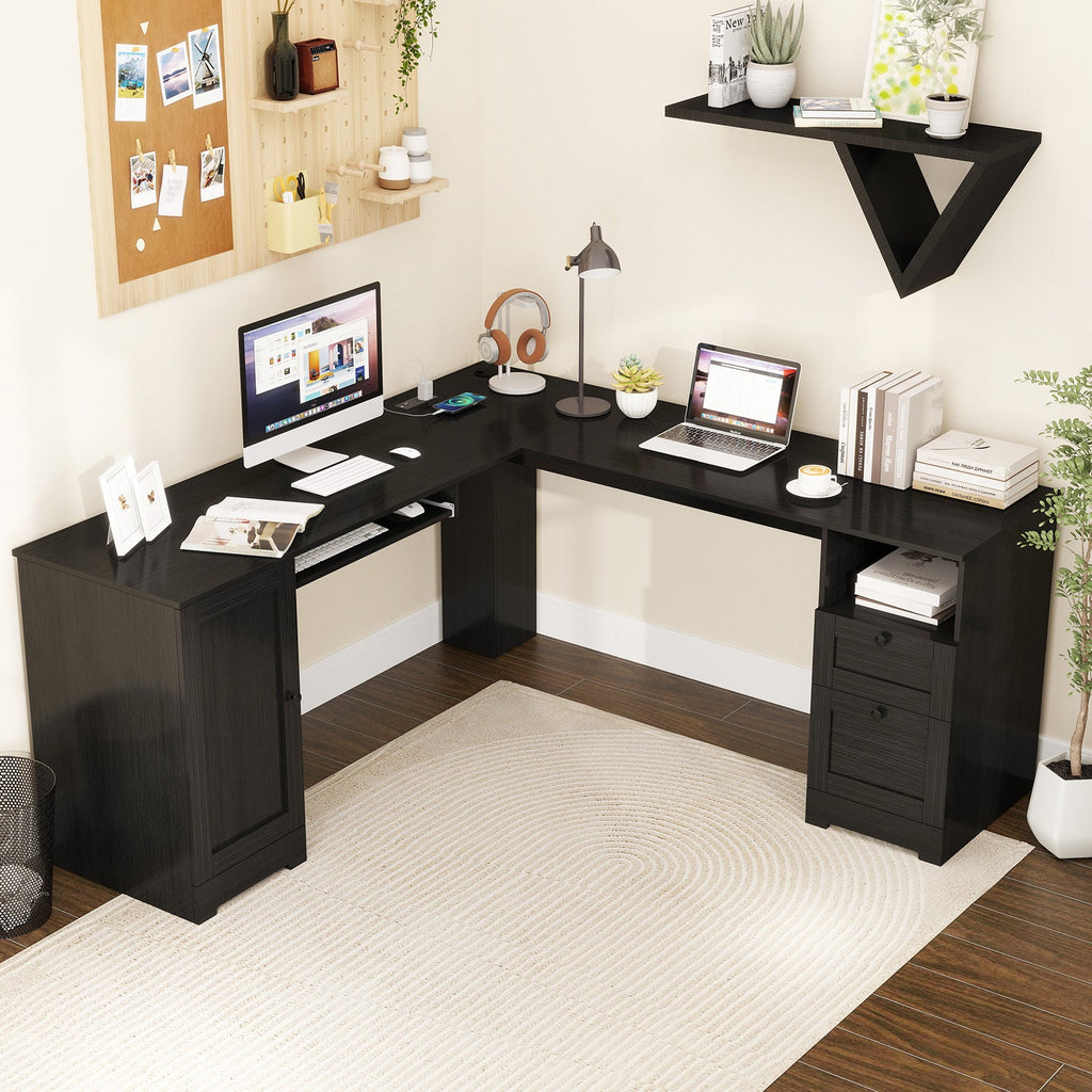 Shaped Desk, 66" x 66" Corner Computer Desk with Drawers and Storage Cabinet