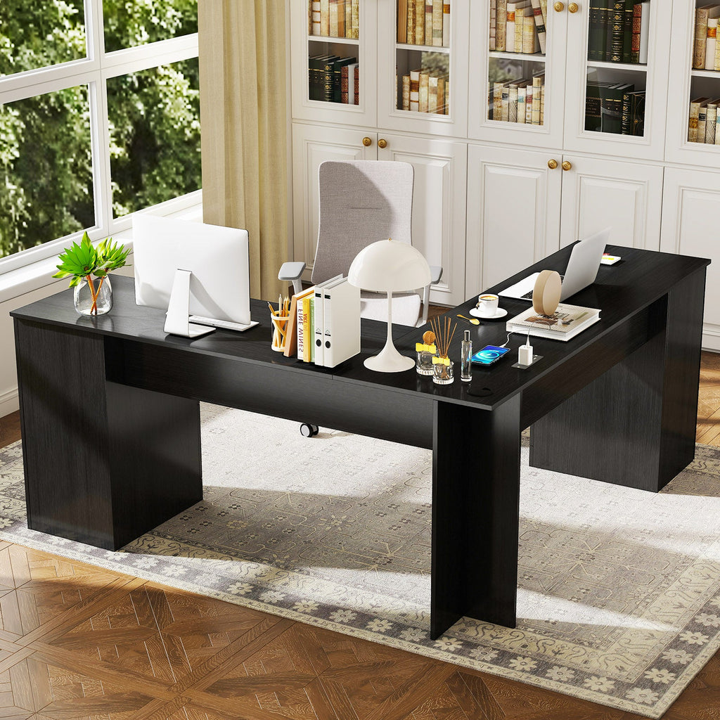 Shaped Desk, 66" x 66" Corner Computer Desk with Drawers and Storage Cabinet