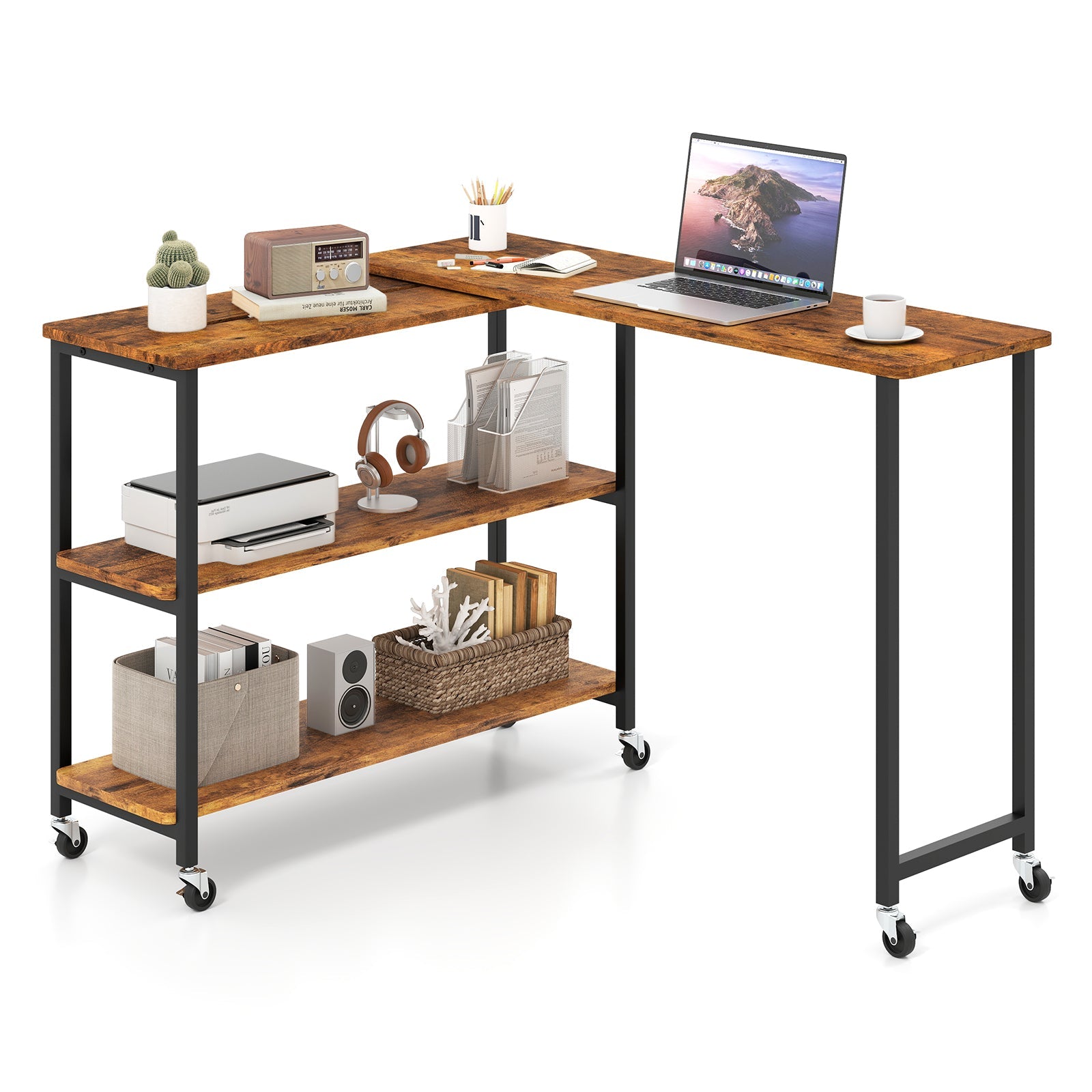 Large Mobile Couch Table with 2-Tier Storage Shelves