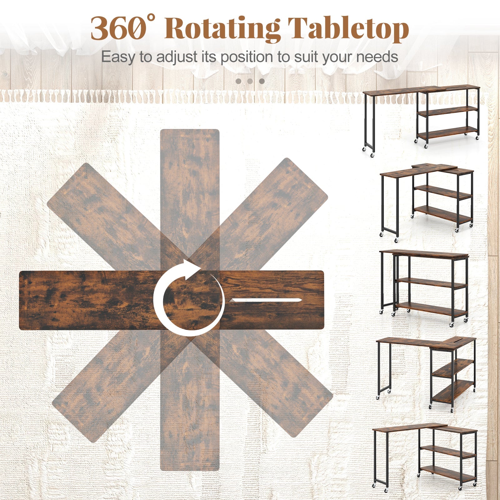 Large Mobile Couch Table with 2-Tier Storage Shelves