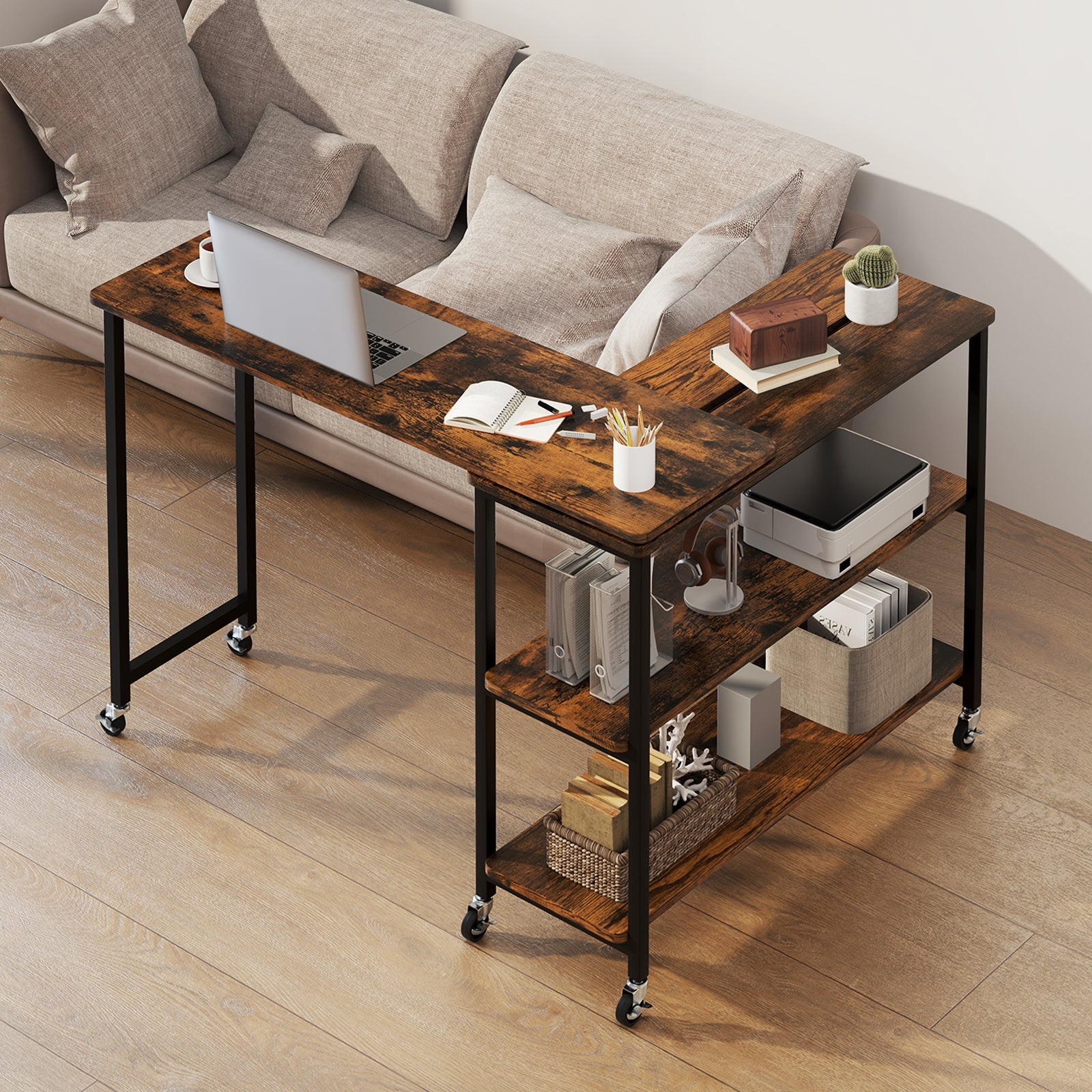 Large Mobile Couch Table with 2-Tier Storage Shelves