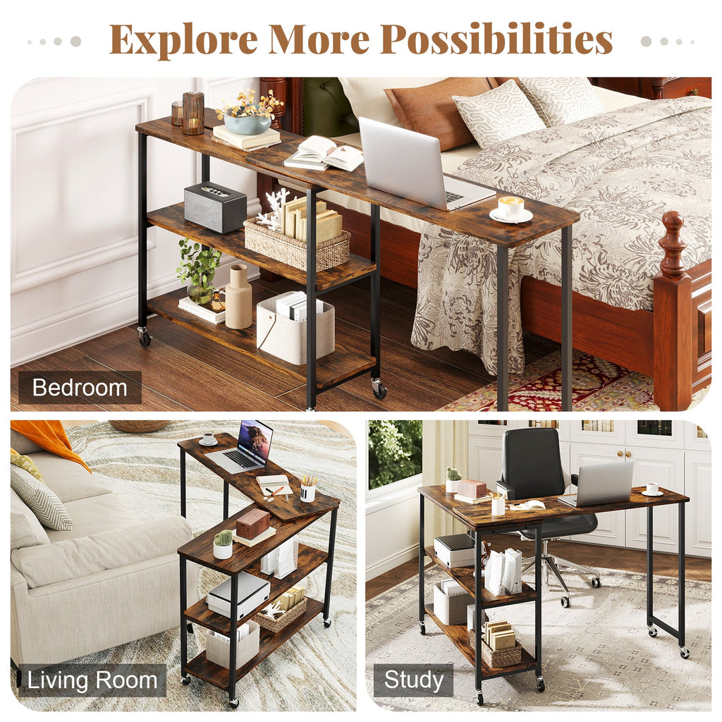 Large Mobile Couch Table with 2-Tier Storage Shelves