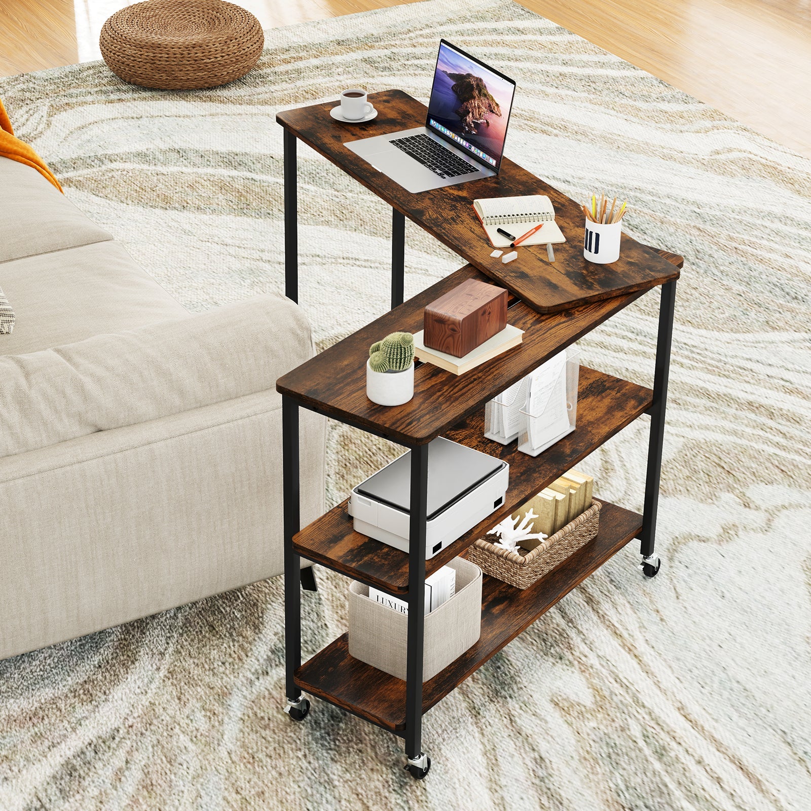 Large Mobile Couch Table with 2-Tier Storage Shelves