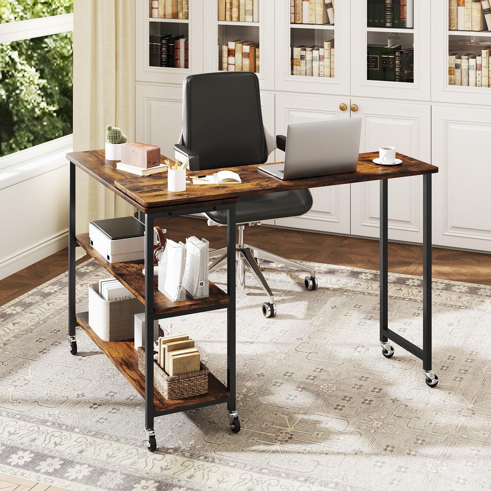 Large Mobile Couch Table with 2-Tier Storage Shelves