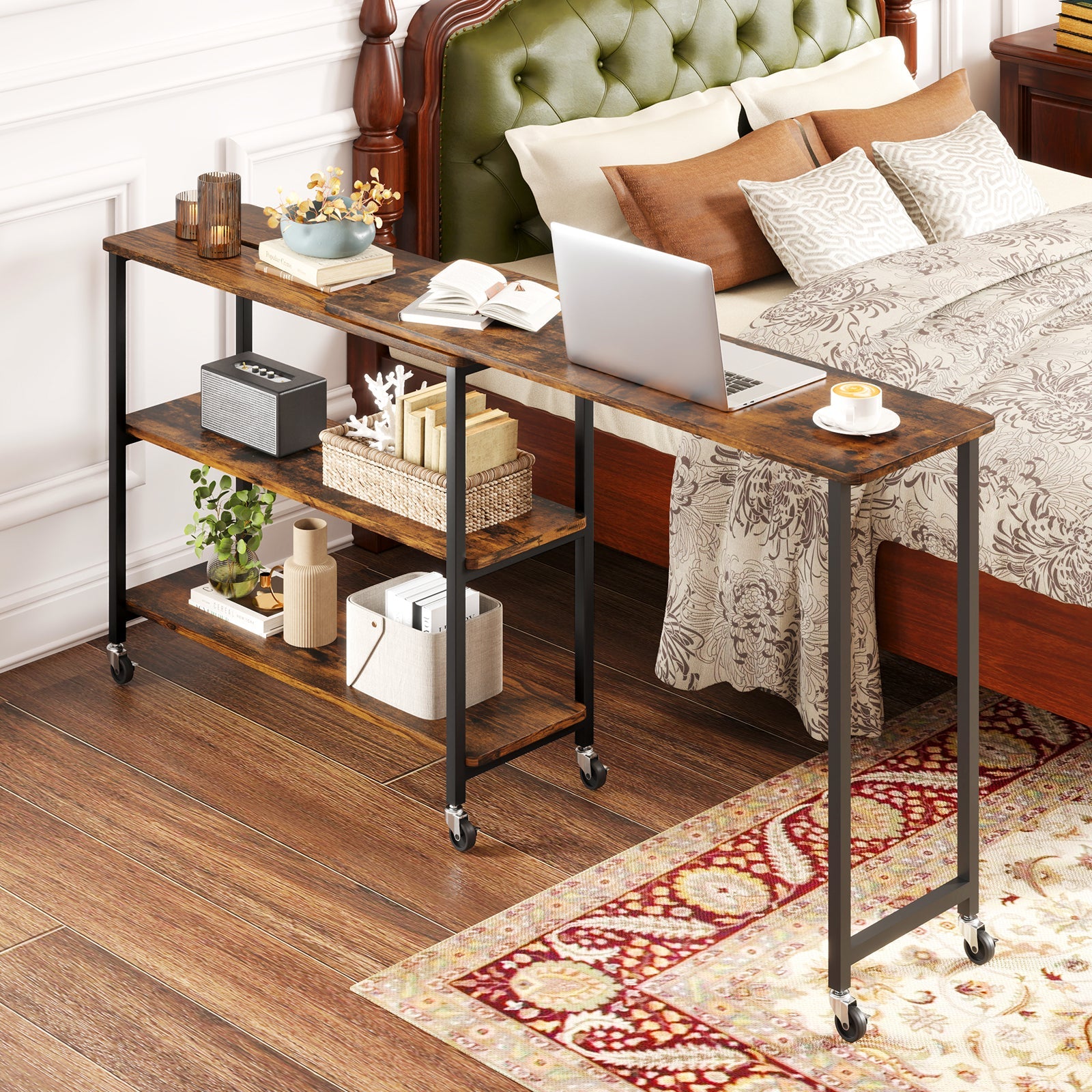 Large Mobile Couch Table with 2-Tier Storage Shelves