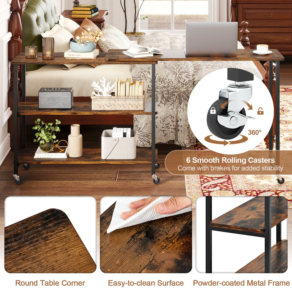 Large Mobile Couch Table with 2-Tier Storage Shelves