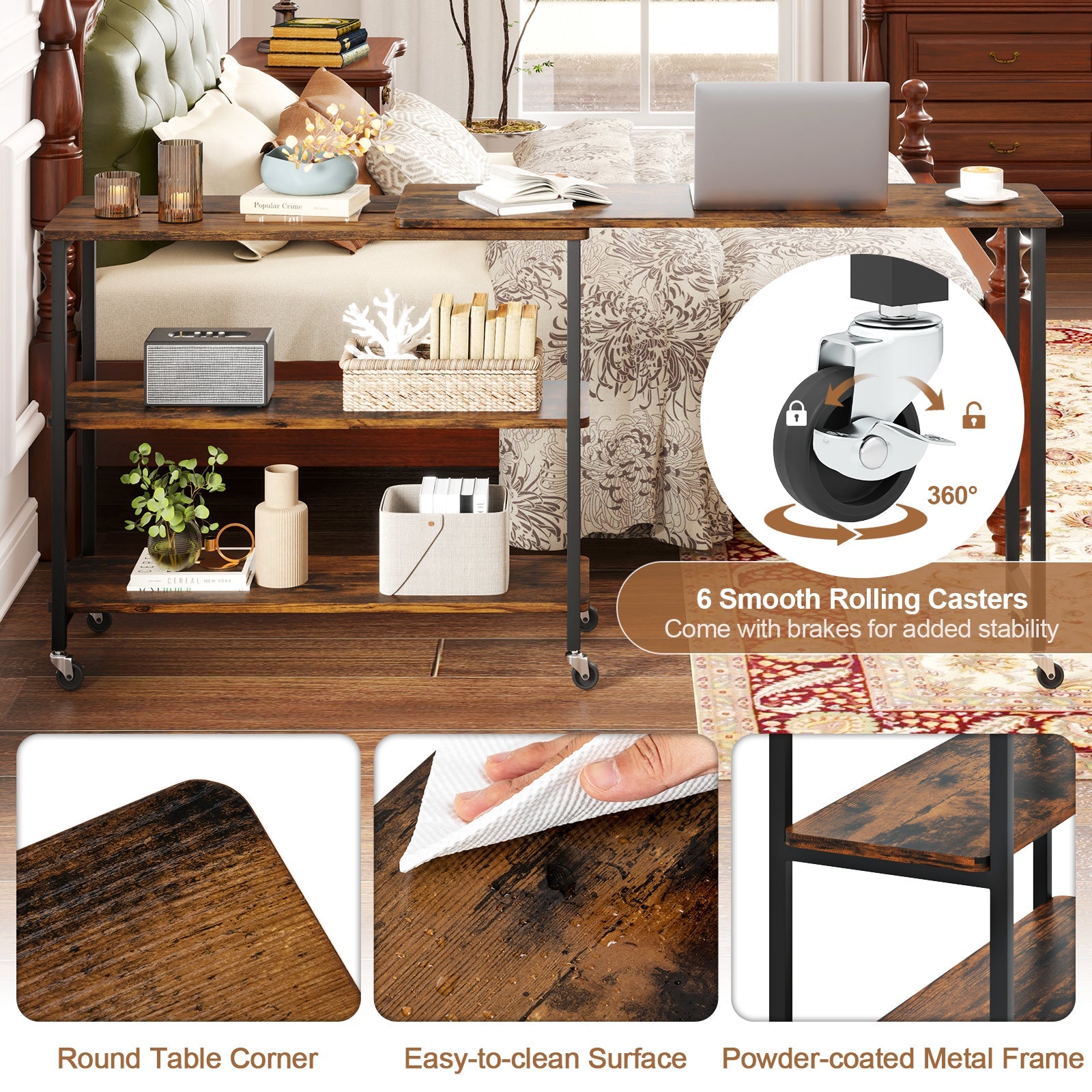 Large Mobile Couch Table with 2-Tier Storage Shelves