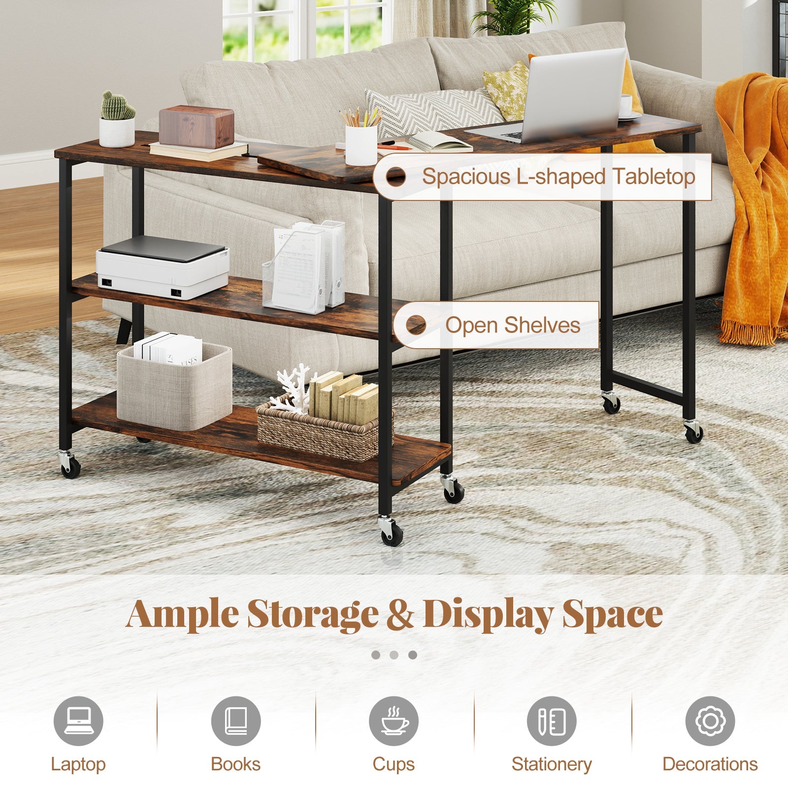 Large Mobile Couch Table with 2-Tier Storage Shelves