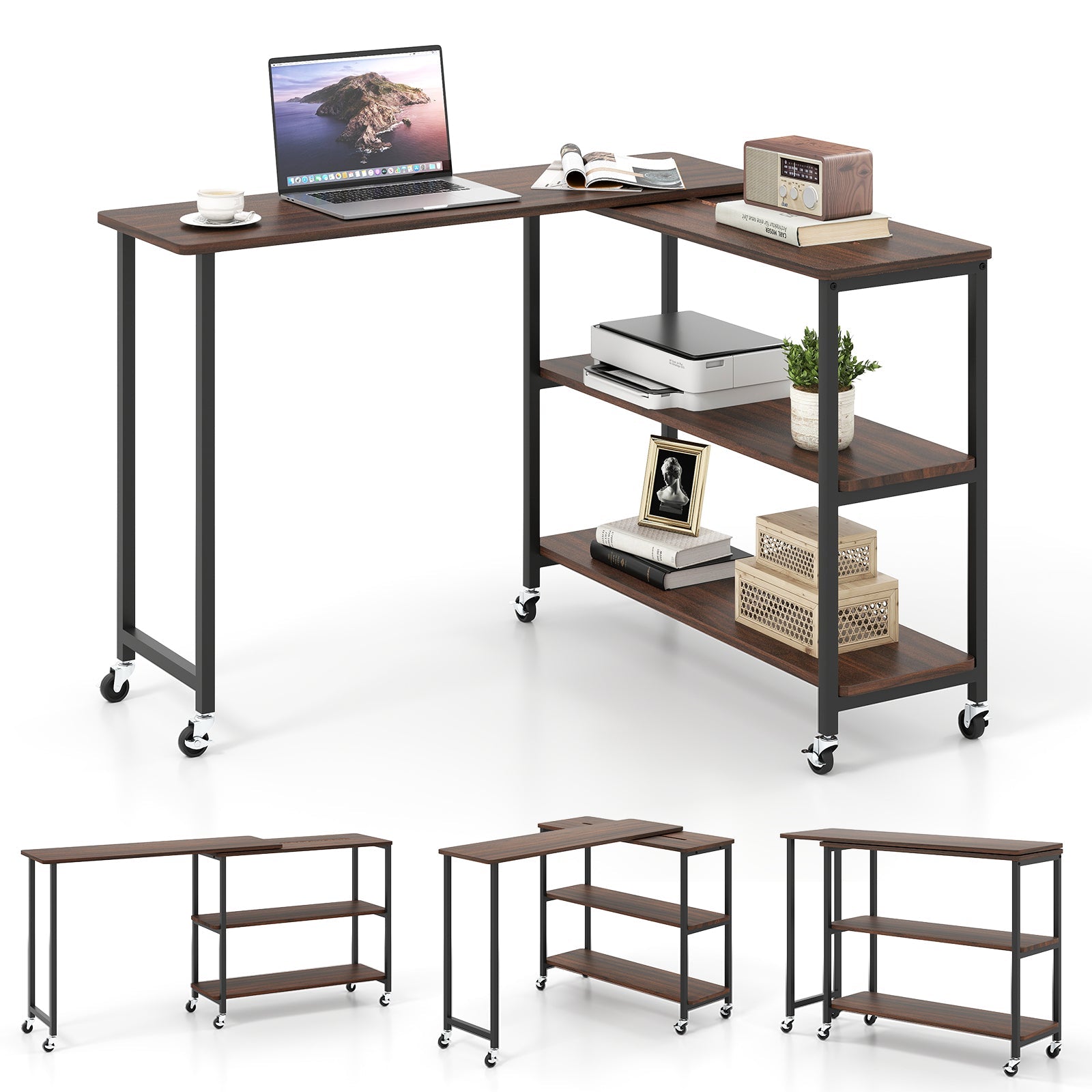 Large Mobile Couch Table with 2-Tier Storage Shelves