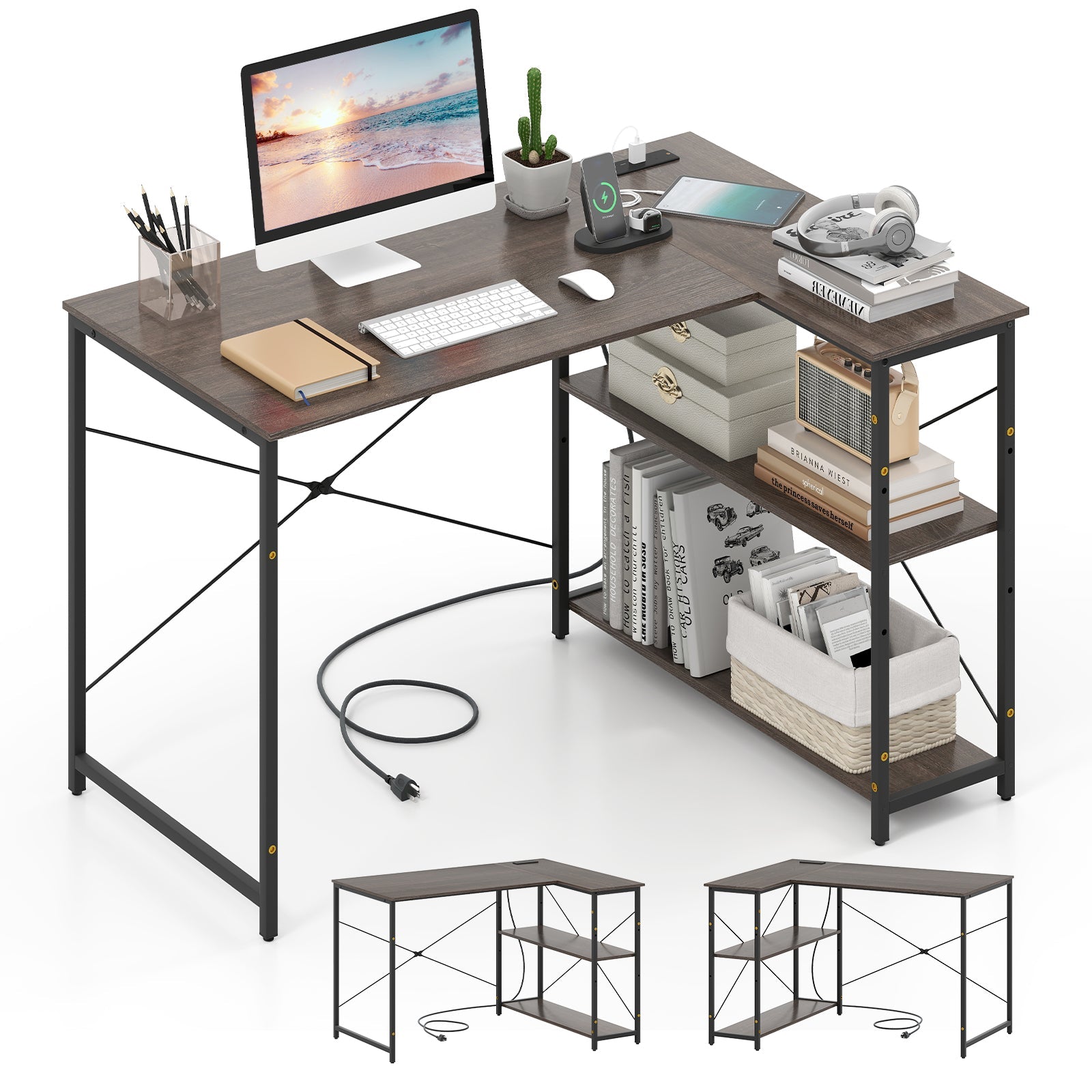 Shaped Computer Desk with Reversible Shelves