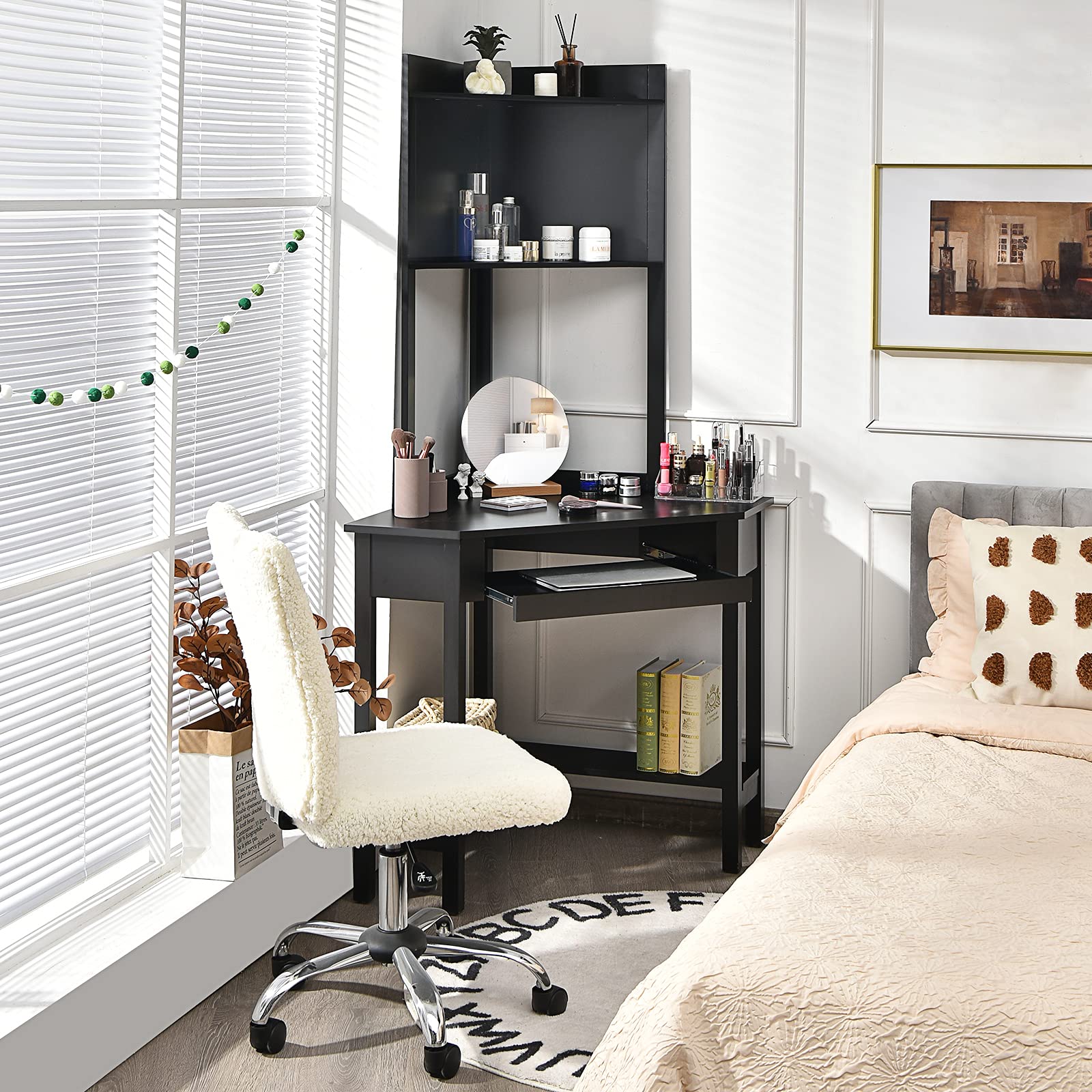 White Corner Desk with Hutch, 90 Degrees Triangle Corner Computer Desk