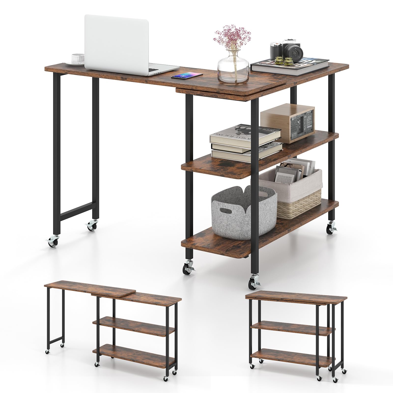 360°Rotating Sofa Side Table, Mobile End Table with 2-Tier Storage Shelves
