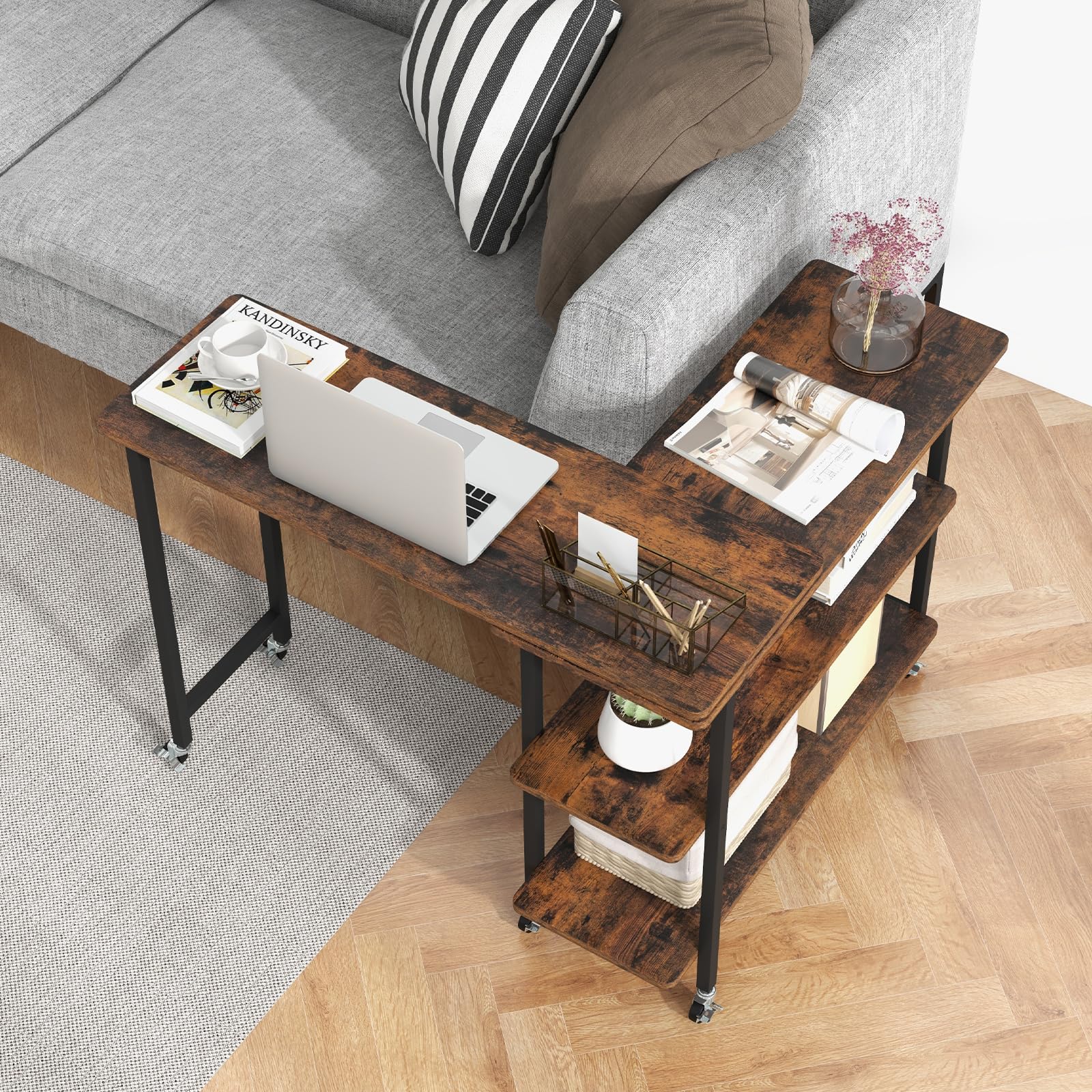 360°Rotating Sofa Side Table, Mobile End Table with 2-Tier Storage Shelves