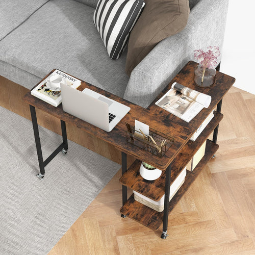 360°Rotating Sofa Side Table, Mobile End Table with 2-Tier Storage Shelves