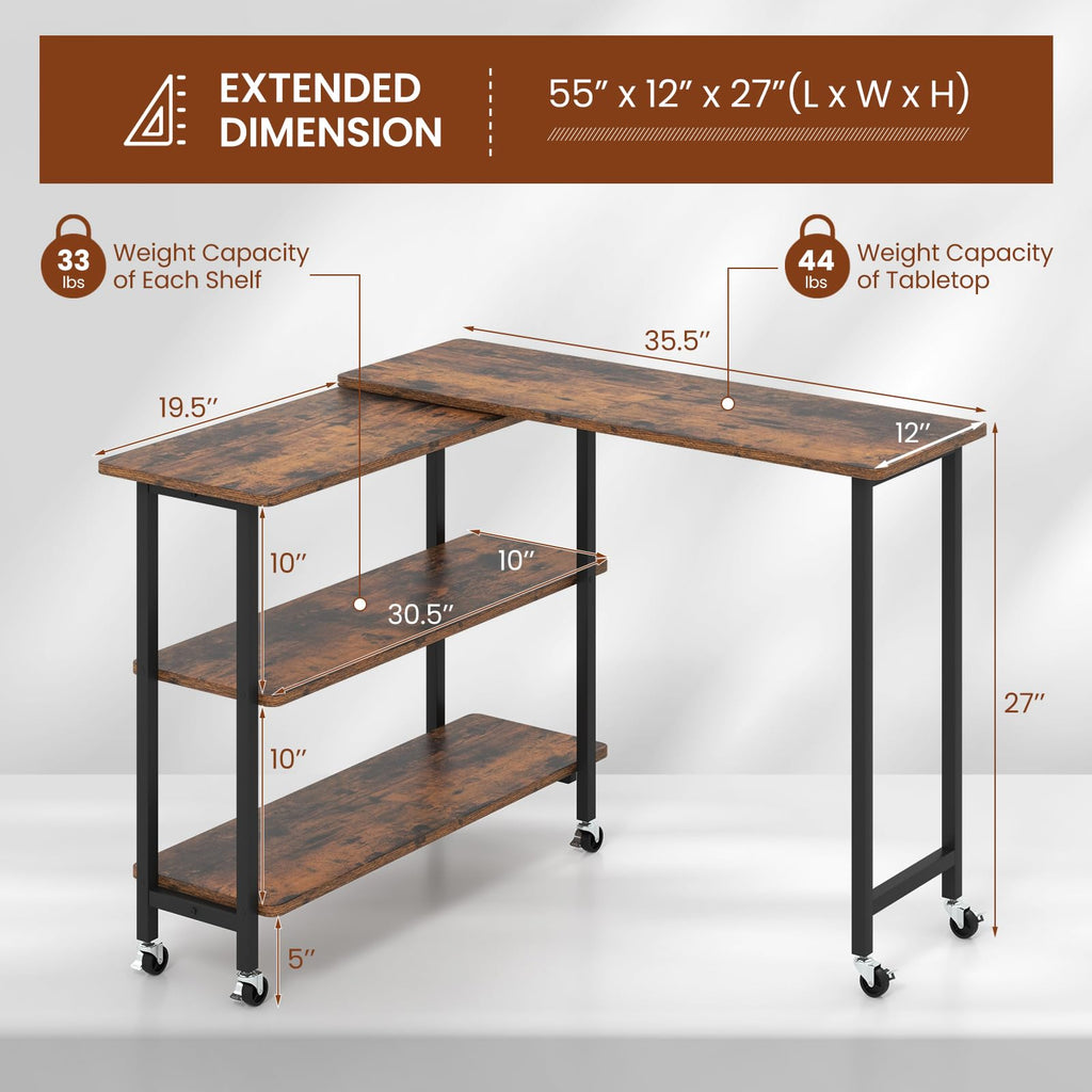 360°Rotating Sofa Side Table, Mobile End Table with 2-Tier Storage Shelves