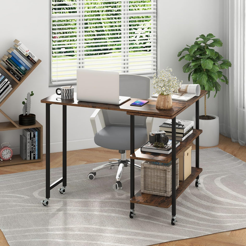 360°Rotating Sofa Side Table, Mobile End Table with 2-Tier Storage Shelves