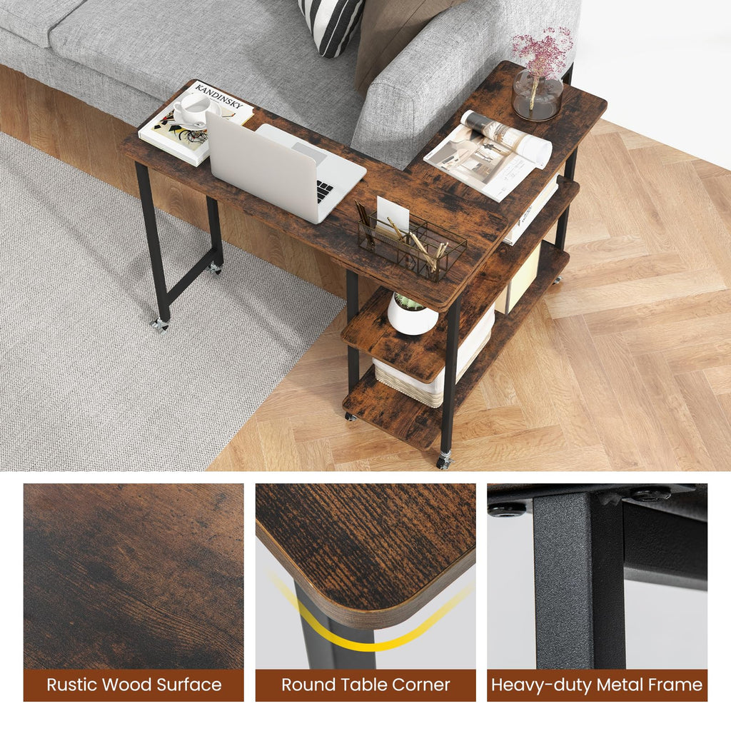 360°Rotating Sofa Side Table, Mobile End Table with 2-Tier Storage Shelves