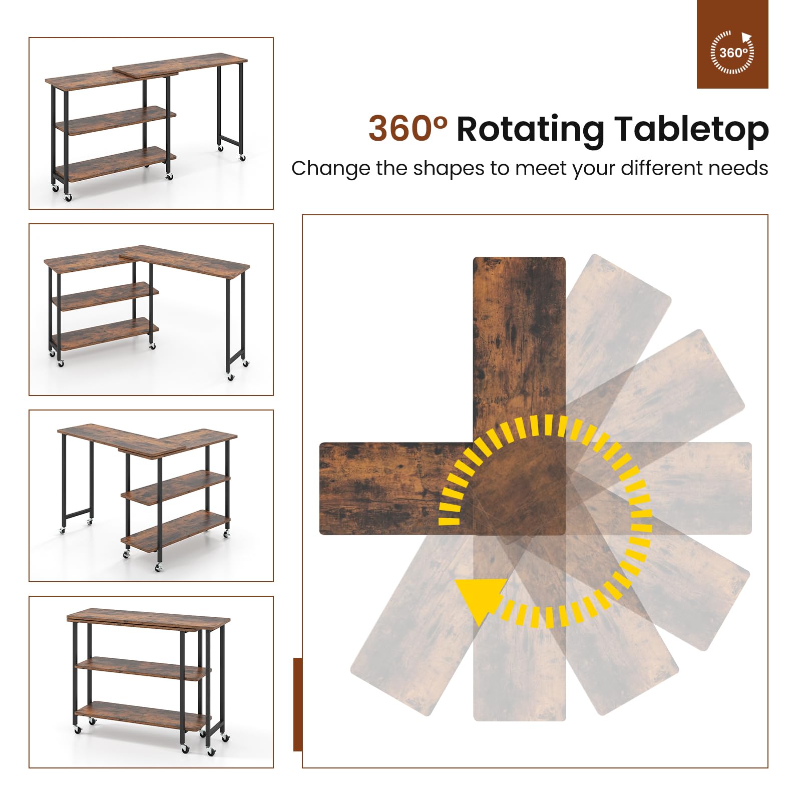 360°Rotating Sofa Side Table, Mobile End Table with 2-Tier Storage Shelves