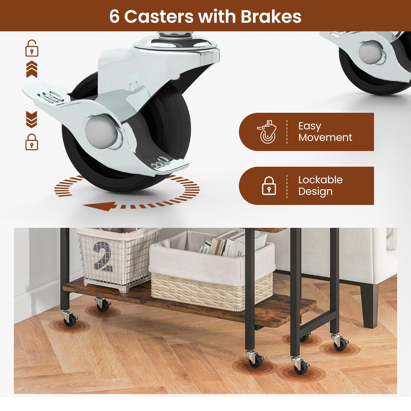 360°Rotating Sofa Side Table, Mobile End Table with 2-Tier Storage Shelves
