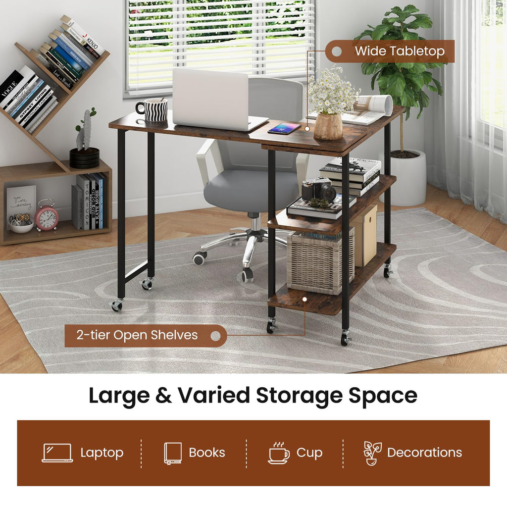 360°Rotating Sofa Side Table, Mobile End Table with 2-Tier Storage Shelves