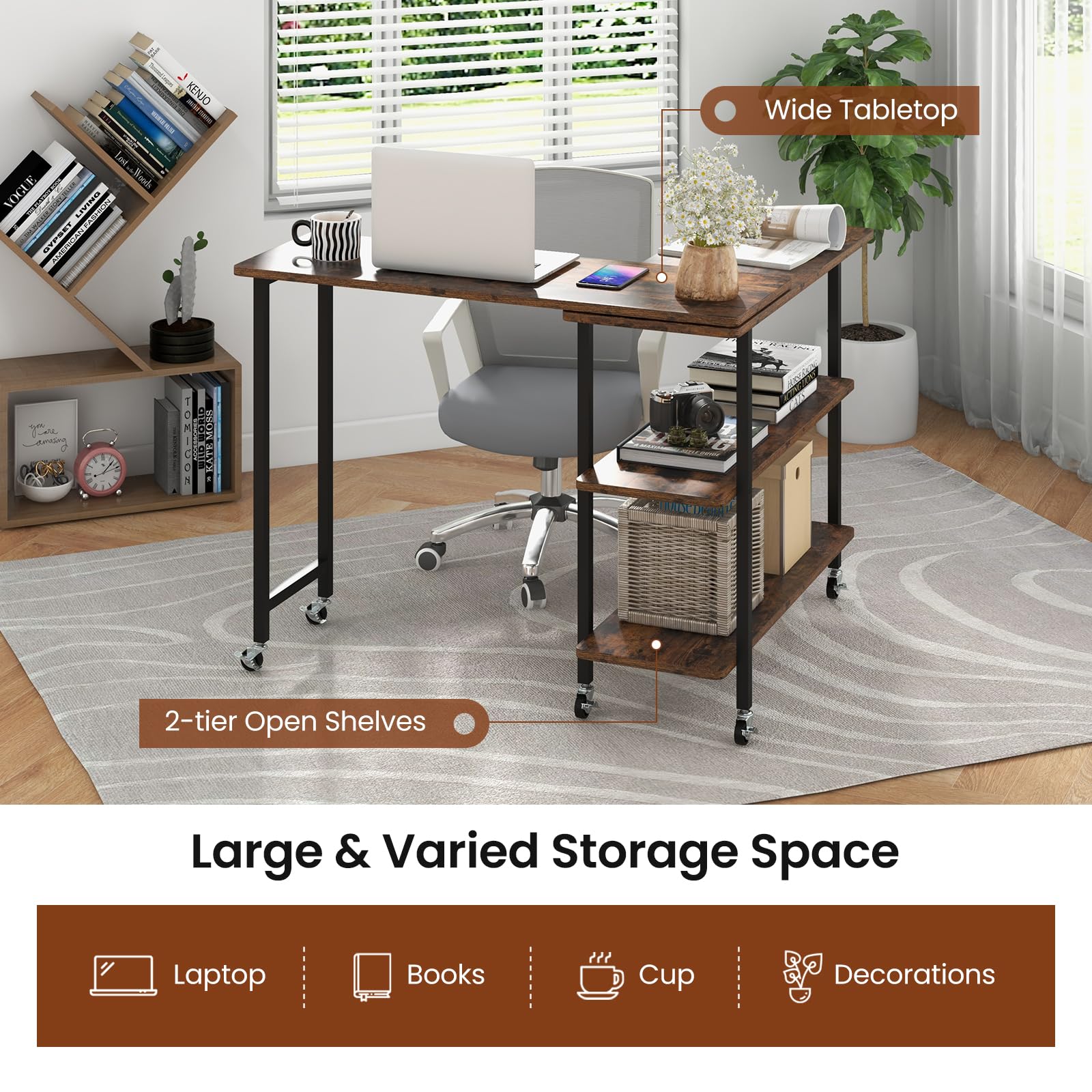 360°Rotating Sofa Side Table, Mobile End Table with 2-Tier Storage Shelves