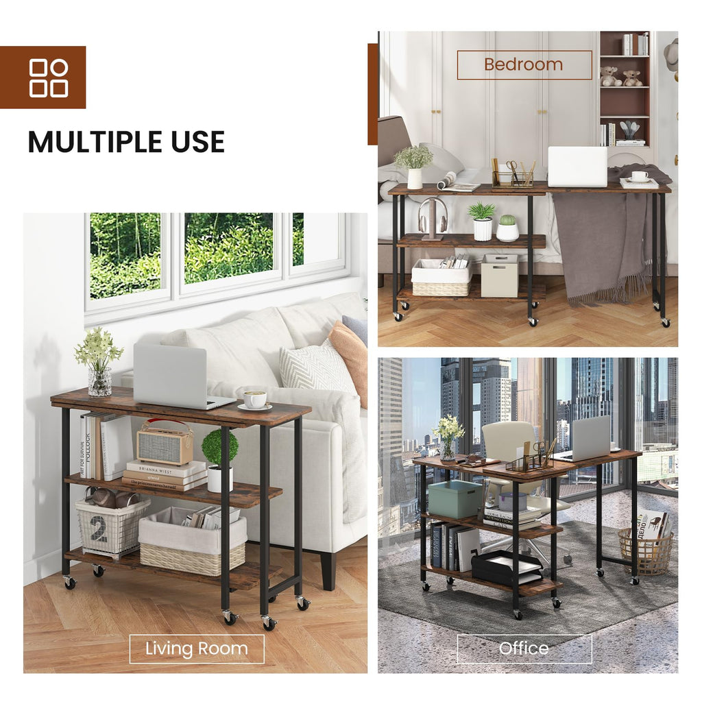 360°Rotating Sofa Side Table, Mobile End Table with 2-Tier Storage Shelves