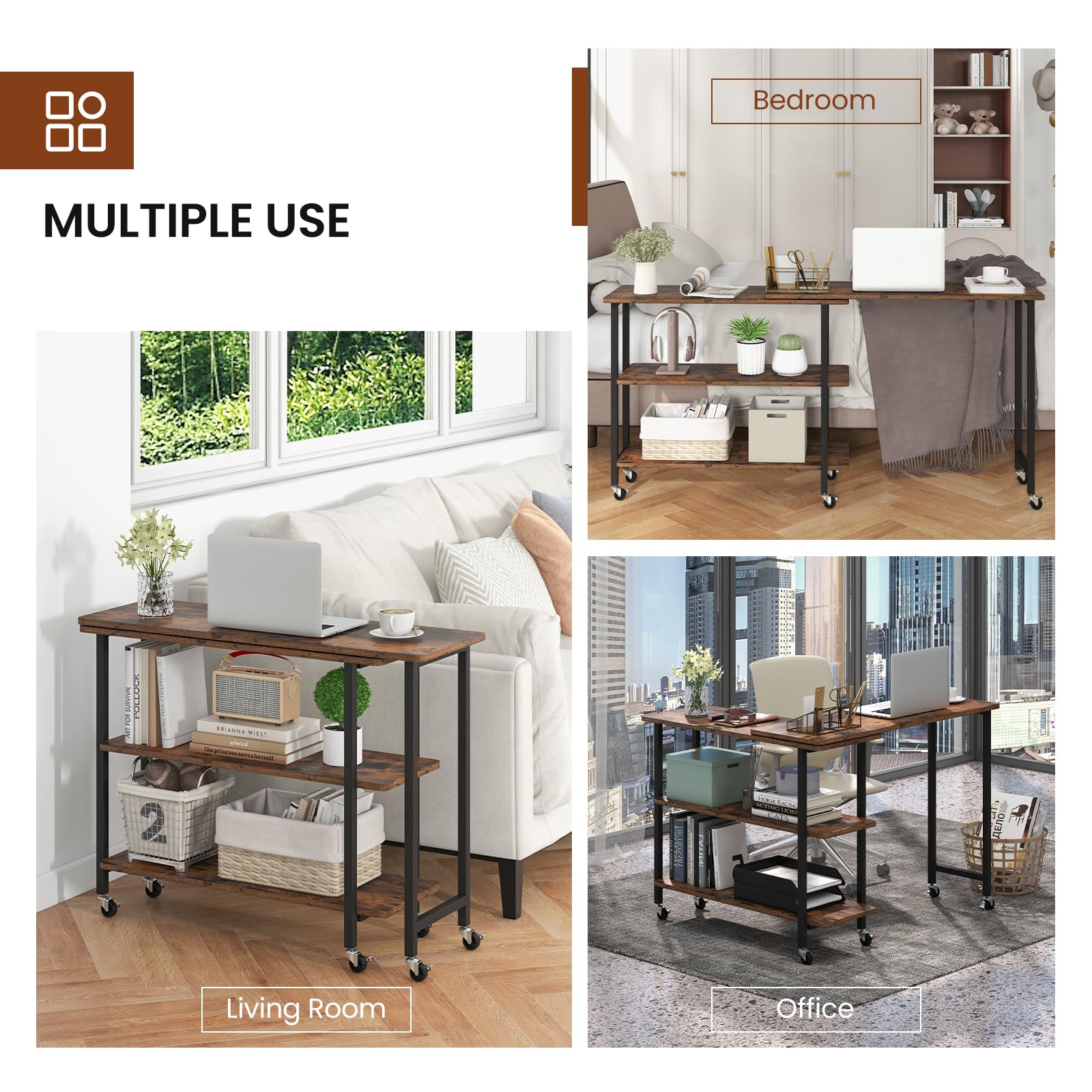 360°Rotating Sofa Side Table, Mobile End Table with 2-Tier Storage Shelves