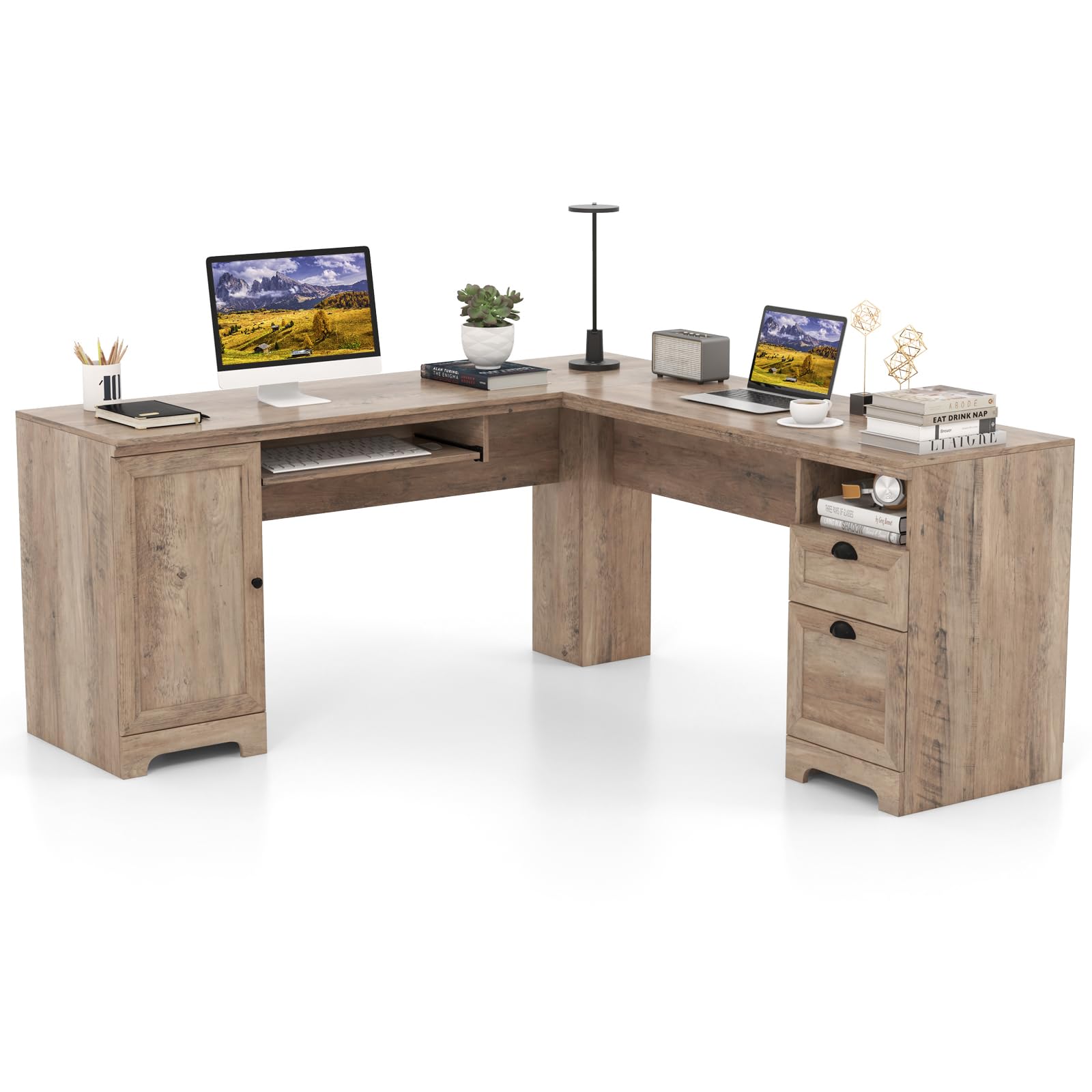 Shaped Desk, 66" x 66" Corner Computer Desk with Drawers and Storage Cabinet