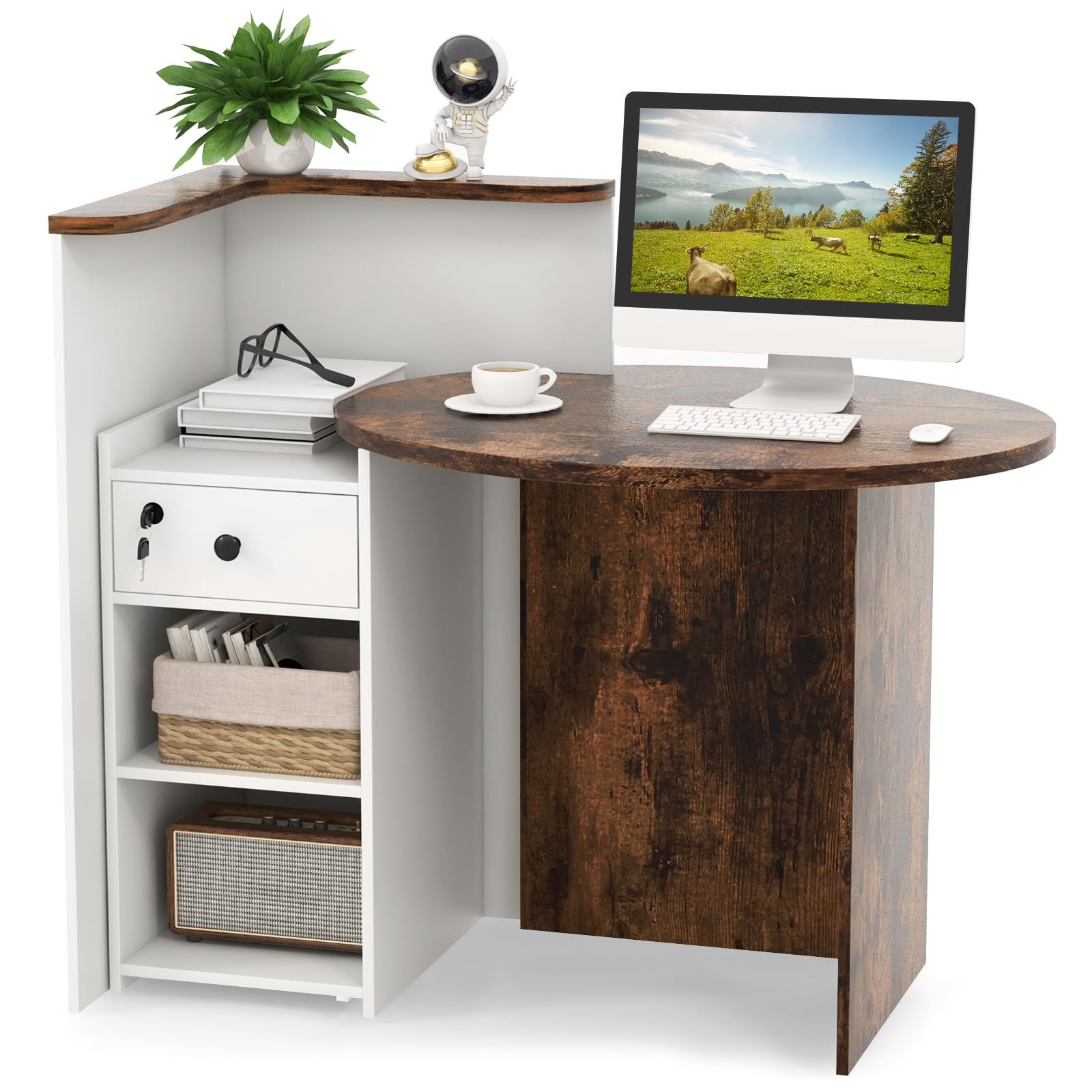 Reception Desk, Front Counter Desk with Lockable Drawer & Adjustable Shelf