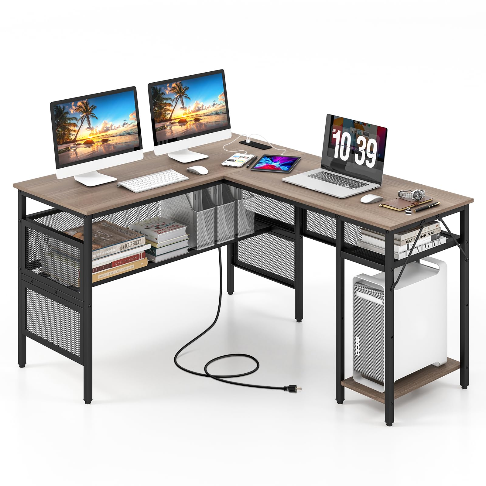 Reversible L-Shaped Computer Desk with Charging Station & Shelves