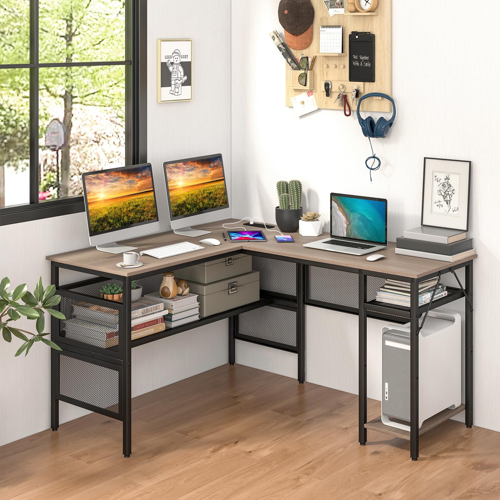 Reversible L-Shaped Computer Desk with Charging Station & Shelves