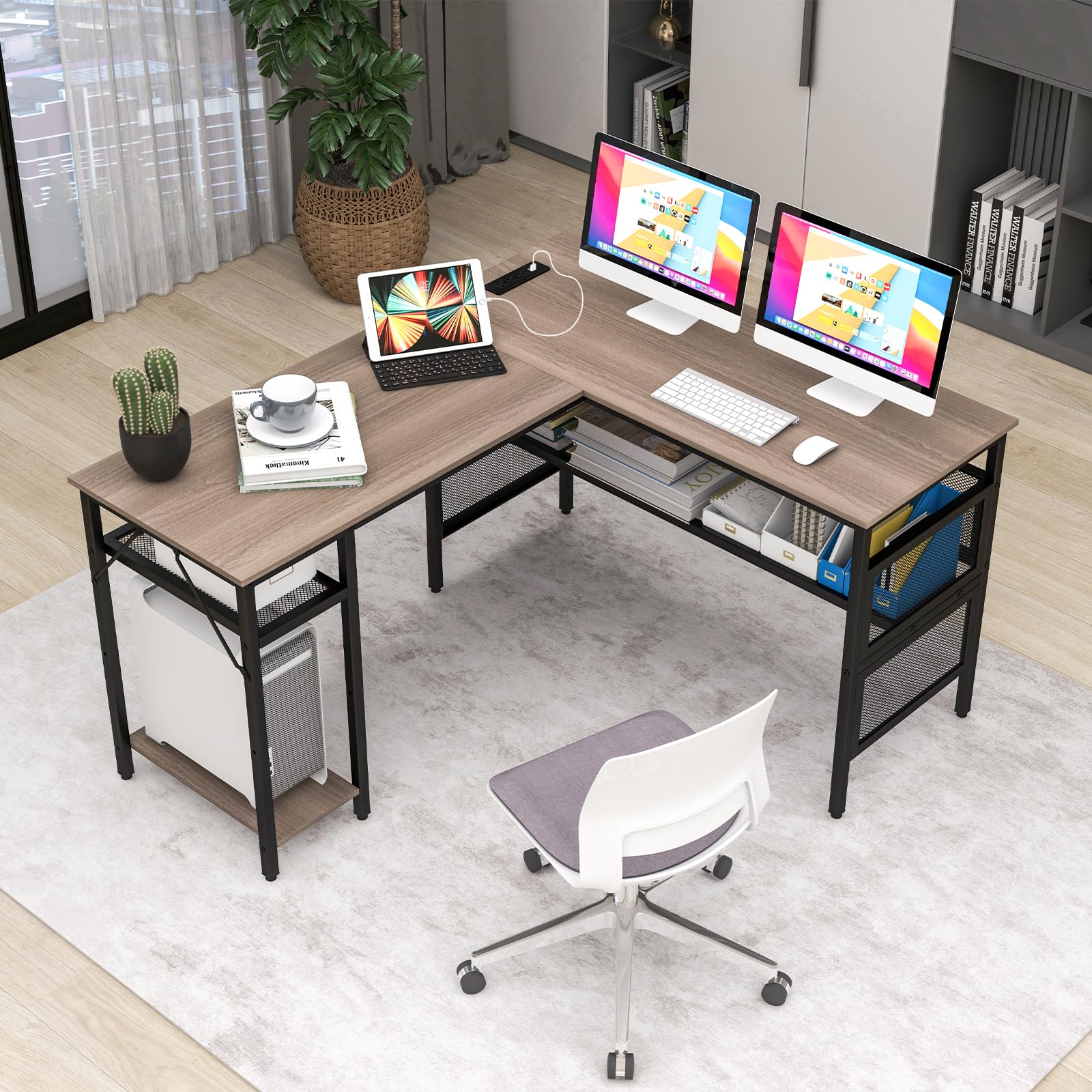 Reversible L-Shaped Computer Desk with Charging Station & Shelves