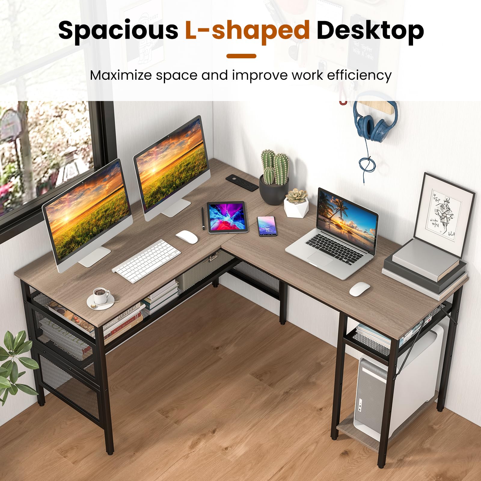 Reversible L-Shaped Computer Desk with Charging Station & Shelves