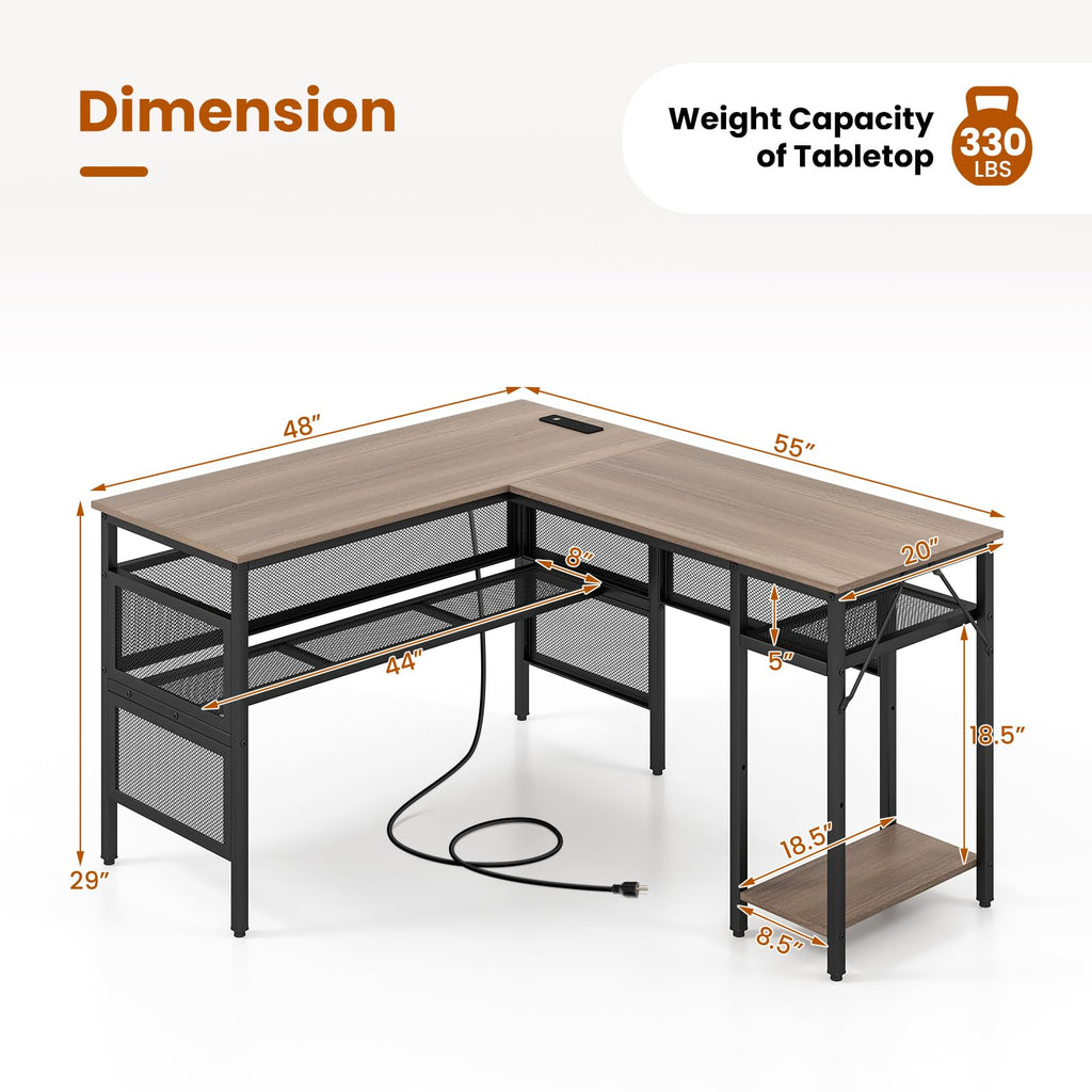 Reversible L-Shaped Computer Desk with Charging Station & Shelves