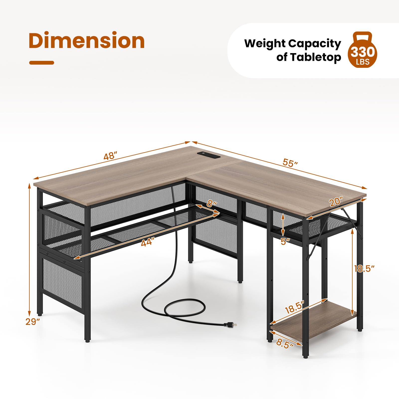 Reversible L-Shaped Computer Desk with Charging Station & Shelves
