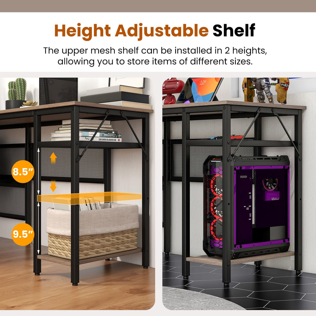 Reversible L-Shaped Computer Desk with Charging Station & Shelves