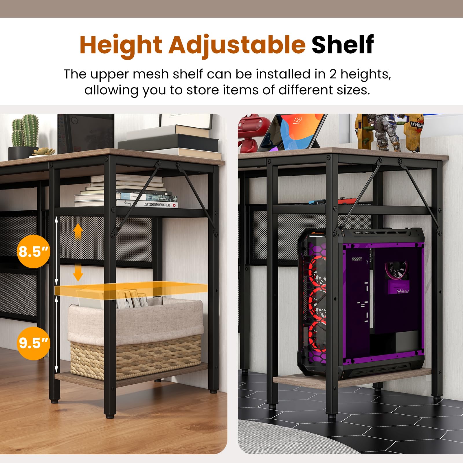 Reversible L-Shaped Computer Desk with Charging Station & Shelves
