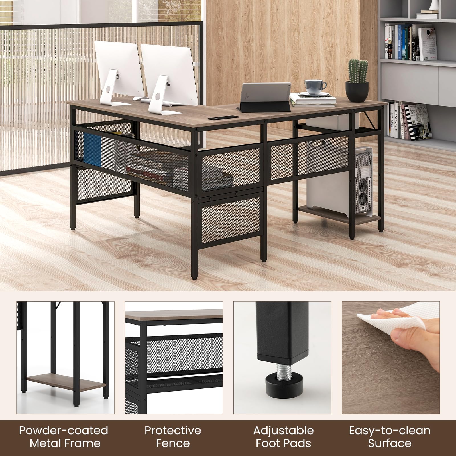 Reversible L-Shaped Computer Desk with Charging Station & Shelves