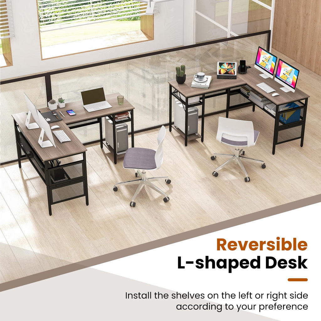 Reversible L-Shaped Computer Desk with Charging Station & Shelves