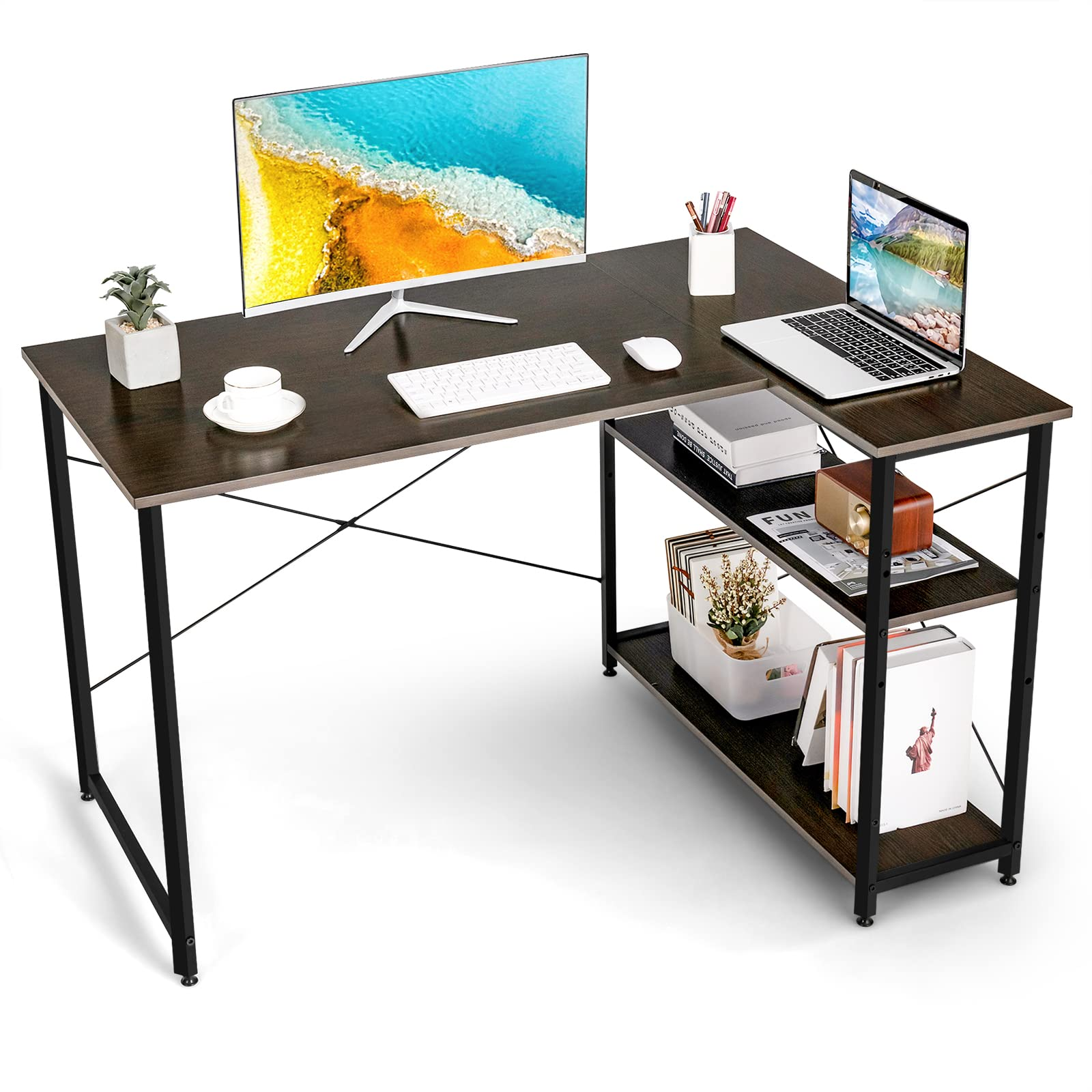 Shaped Computer Desk with Reversible Shelves