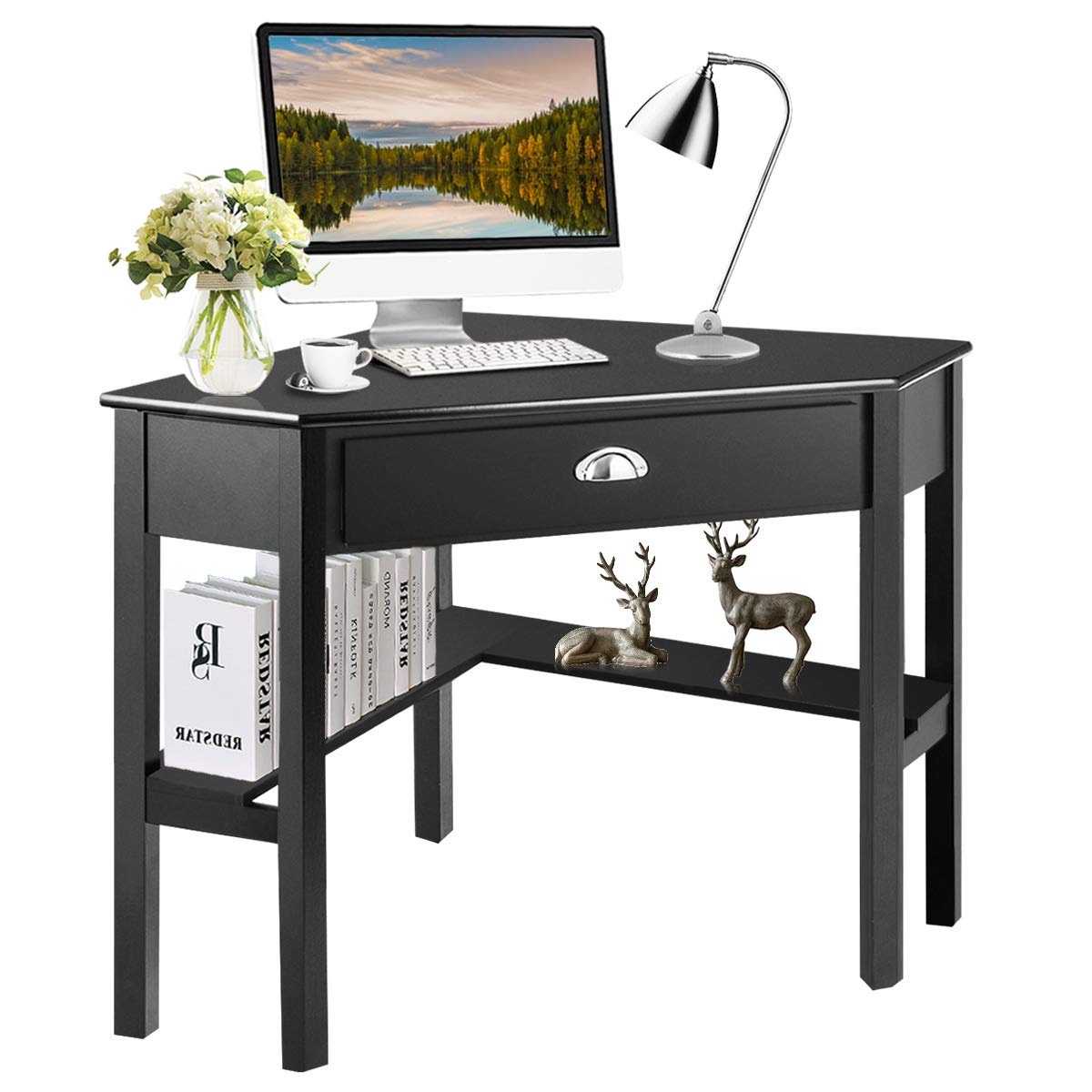 Corner Desk, Corner Computer Desk with Smooth Keyboard Tray for Small Space