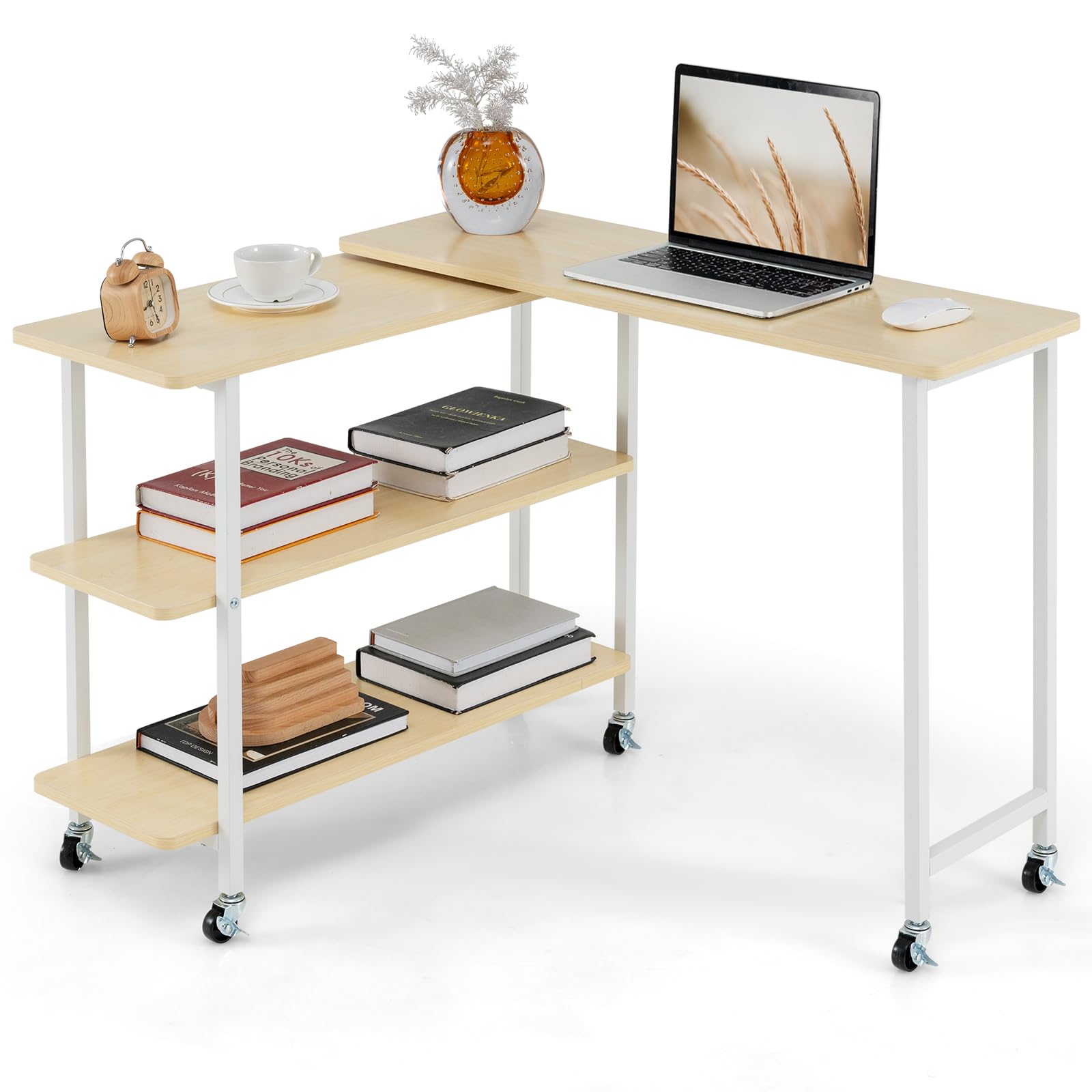 360°Rotating Sofa Side Table, Mobile End Table with 2-Tier Storage Shelves