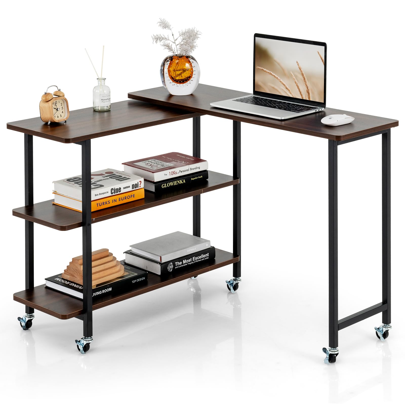 360°Rotating Sofa Side Table, Mobile End Table with 2-Tier Storage Shelves