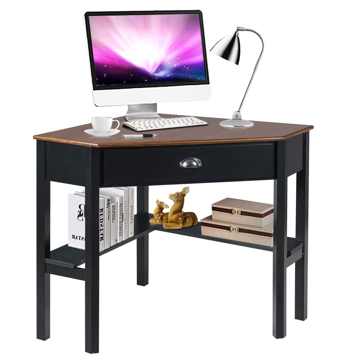 Corner Desk, Corner Computer Desk with Smooth Keyboard Tray for Small Space