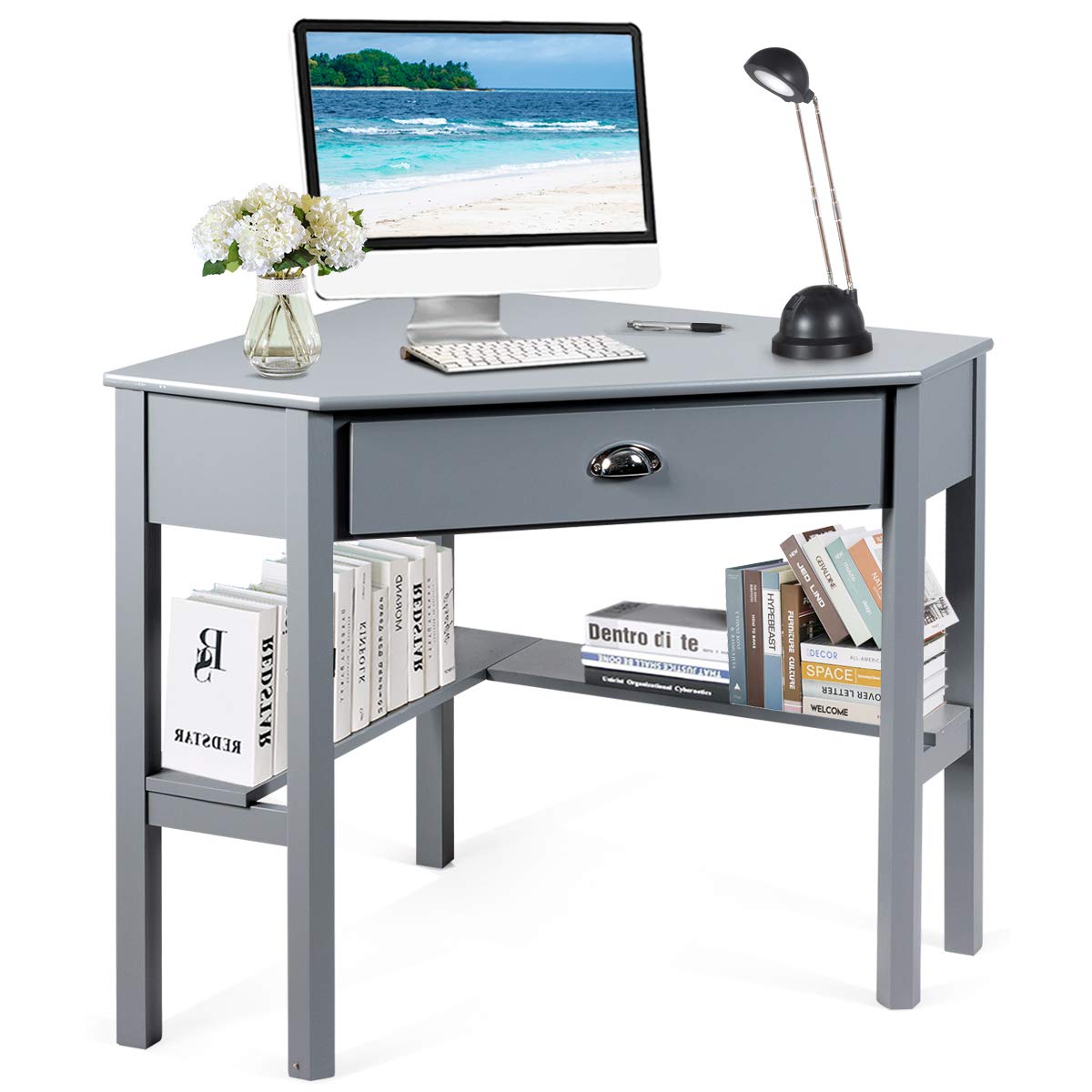 Corner Desk, Corner Computer Desk with Smooth Keyboard Tray for Small Space